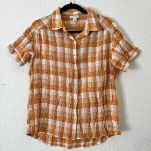 Sundance Lorna Top Yellow Plaid Short Sleeve Button Up Crinkle Shirt Women's XS